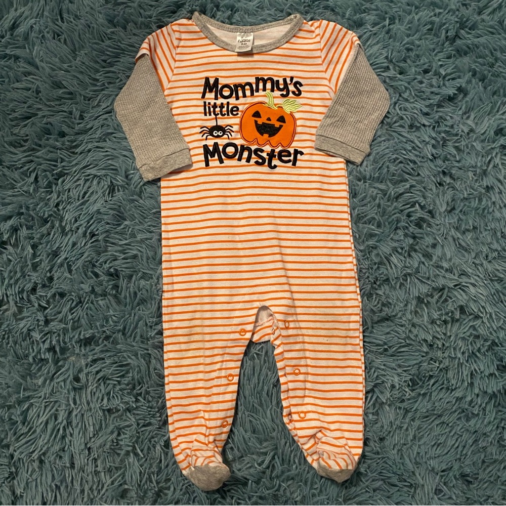 “Mommy’s Little Monster” Striped Long Sleeve 9m Romper - Unisex Baby Halloween